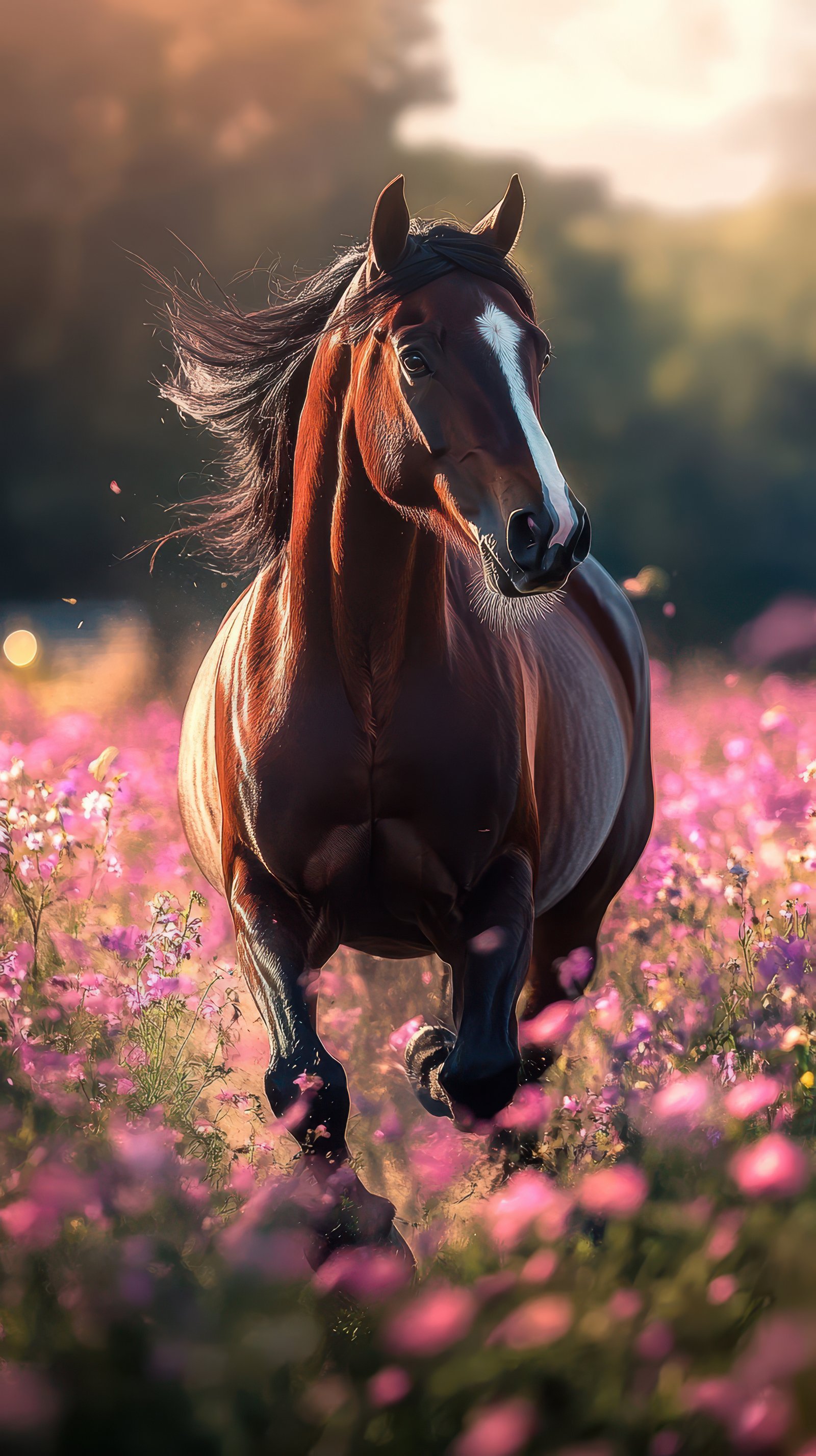 Brown horse galloping through vibrant flower field during golden hour in a tranquil countryside setting
